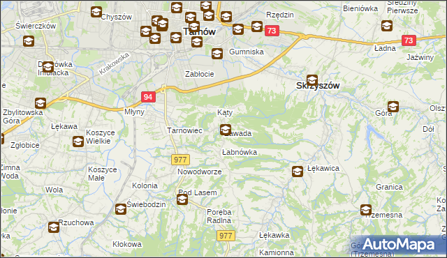 mapa Zawada gmina Tarnów, Zawada gmina Tarnów na mapie Targeo
