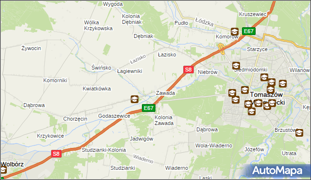 mapa Zawada gmina Tomaszów Mazowiecki, Zawada gmina Tomaszów Mazowiecki na mapie Targeo