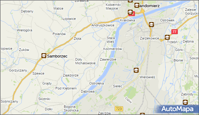 mapa Zawierzbie gmina Samborzec, Zawierzbie gmina Samborzec na mapie Targeo