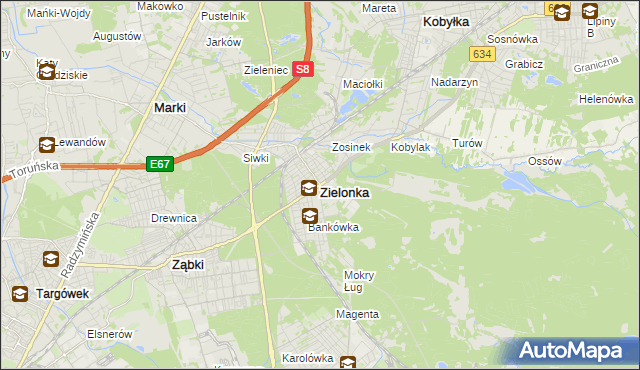 mapa Zielonka powiat wołomiński, Zielonka powiat wołomiński na mapie Targeo