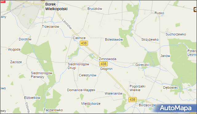 mapa Zimnowoda gmina Borek Wielkopolski, Zimnowoda gmina Borek Wielkopolski na mapie Targeo