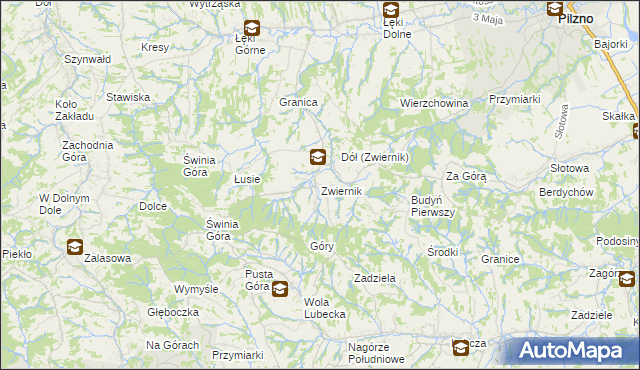 mapa Zwiernik gmina Pilzno, Zwiernik gmina Pilzno na mapie Targeo