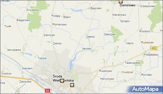 mapa Janowo gmina Środa Wielkopolska, Janowo gmina Środa Wielkopolska na mapie Targeo