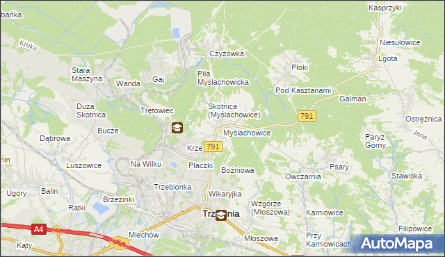 mapa Myślachowice, Myślachowice na mapie Targeo