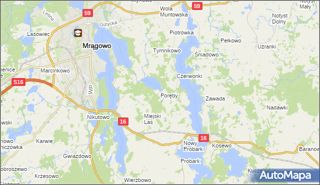 mapa Poręby gmina Mrągowo, Poręby gmina Mrągowo na mapie Targeo