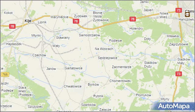 mapa Sędziejowice gmina Chmielnik, Sędziejowice gmina Chmielnik na mapie Targeo