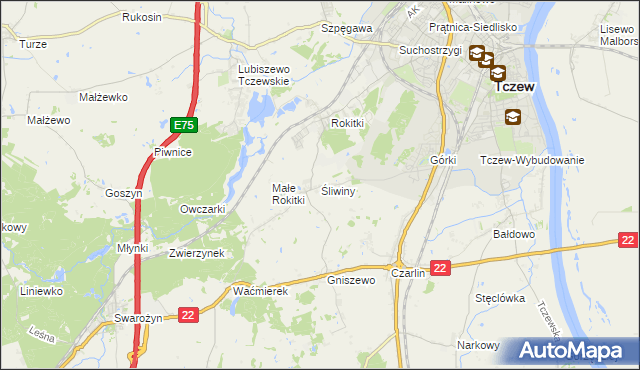 mapa Śliwiny gmina Tczew, Śliwiny gmina Tczew na mapie Targeo