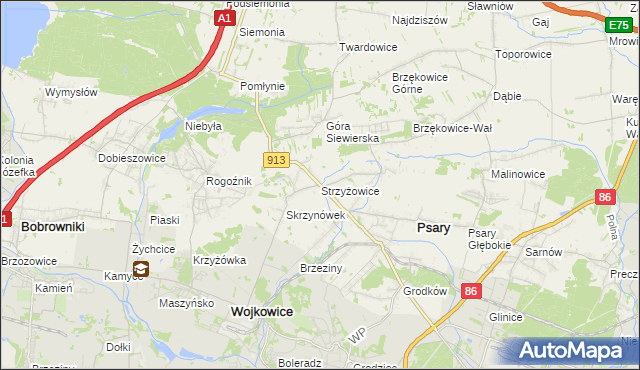 mapa Strzyżowice gmina Psary, Strzyżowice gmina Psary na mapie Targeo