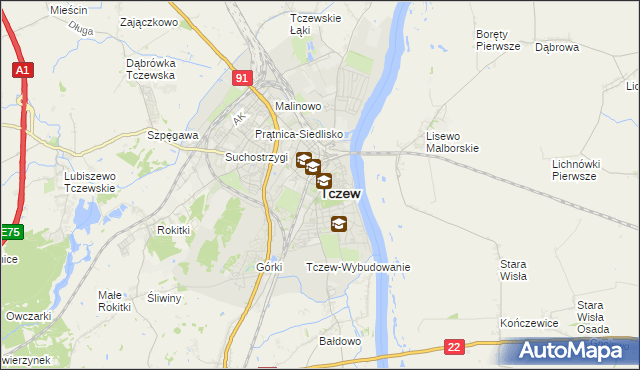 mapa Tczew, Tczew na mapie Targeo