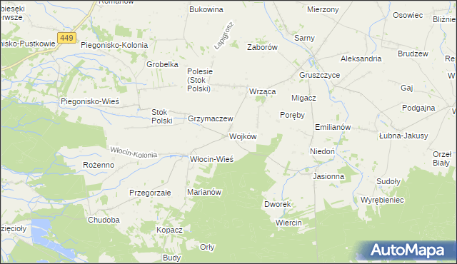 mapa Wojków gmina Błaszki, Wojków gmina Błaszki na mapie Targeo