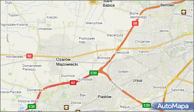 mapa Bronisze gmina Ożarów Mazowiecki, Bronisze gmina Ożarów Mazowiecki na mapie Targeo