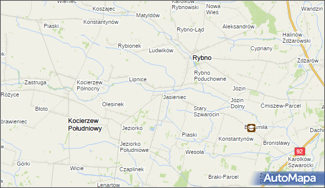 mapa Jasieniec gmina Rybno, Jasieniec gmina Rybno na mapie Targeo