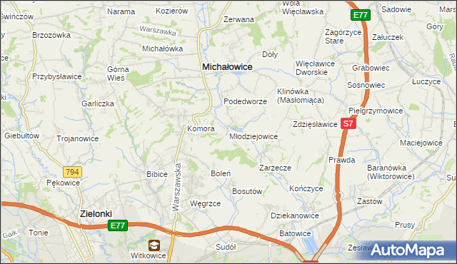 mapa Młodziejowice gmina Michałowice, Młodziejowice gmina Michałowice na mapie Targeo