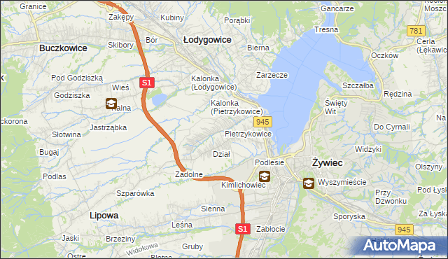 mapa Pietrzykowice gmina Łodygowice, Pietrzykowice gmina Łodygowice na mapie Targeo