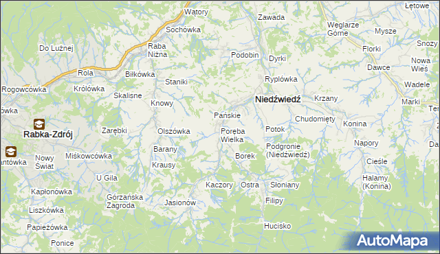 mapa Poręba Wielka gmina Niedźwiedź, Poręba Wielka gmina Niedźwiedź na mapie Targeo