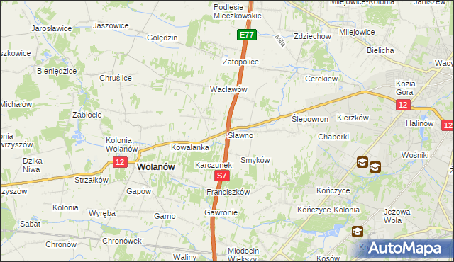 mapa Sławno gmina Wolanów, Sławno gmina Wolanów na mapie Targeo