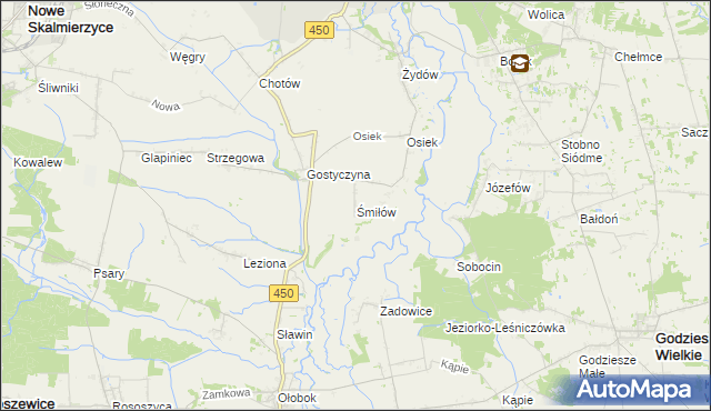 mapa Śmiłów gmina Nowe Skalmierzyce, Śmiłów gmina Nowe Skalmierzyce na mapie Targeo