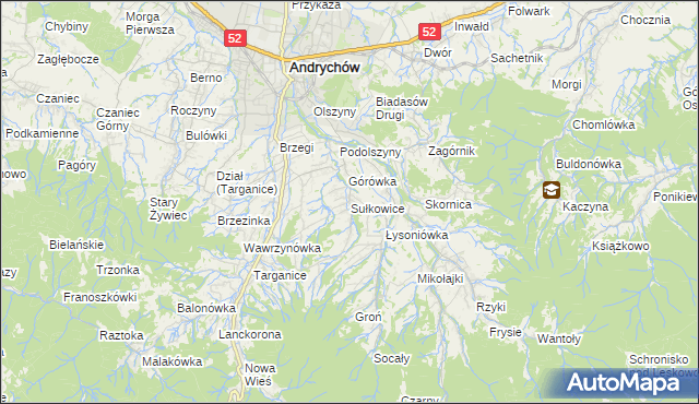 mapa Sułkowice gmina Andrychów, Sułkowice gmina Andrychów na mapie Targeo