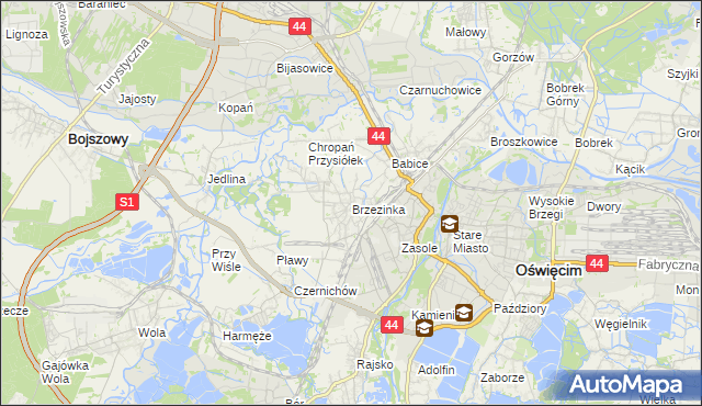 mapa Brzezinka gmina Oświęcim, Brzezinka gmina Oświęcim na mapie Targeo