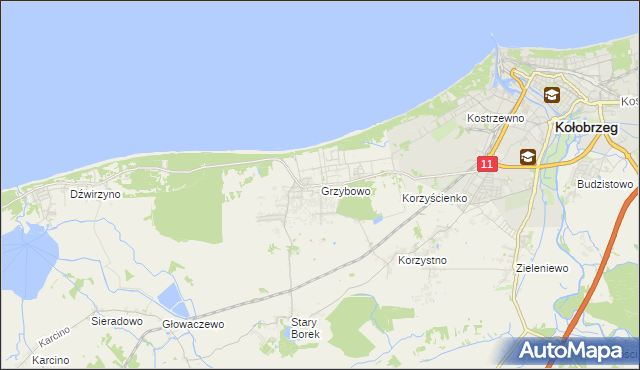 mapa Grzybowo gmina Kołobrzeg, Grzybowo gmina Kołobrzeg na mapie Targeo