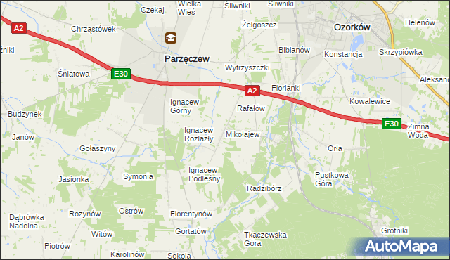 mapa Mikołajew gmina Parzęczew, Mikołajew gmina Parzęczew na mapie Targeo