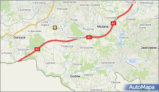 mapa Skrzyszów gmina Godów, Skrzyszów gmina Godów na mapie Targeo