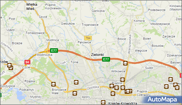 mapa Zielonki powiat krakowski, Zielonki powiat krakowski na mapie Targeo