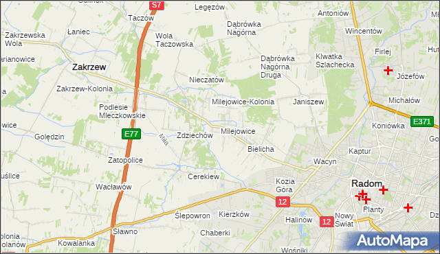 mapa Milejowice gmina Zakrzew, Milejowice gmina Zakrzew na mapie Targeo