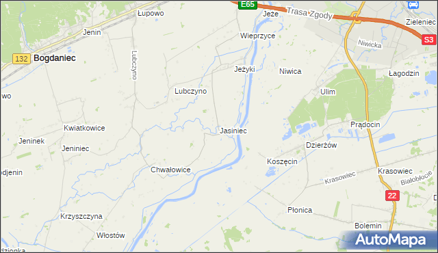 mapa Jasiniec gmina Bogdaniec, Jasiniec gmina Bogdaniec na mapie Targeo
