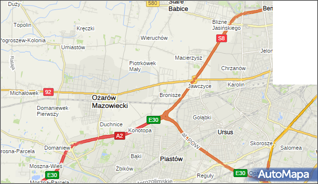 mapa Bronisze gmina Ożarów Mazowiecki, Bronisze gmina Ożarów Mazowiecki na mapie Targeo