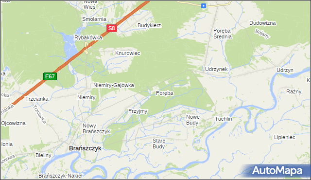 mapa Poręba gmina Brańszczyk, Poręba gmina Brańszczyk na mapie Targeo