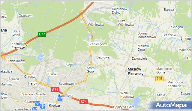mapa Dąbrowa gmina Masłów, Dąbrowa gmina Masłów na mapie Targeo