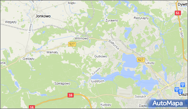 mapa Gutkowo gmina Jonkowo, Gutkowo gmina Jonkowo na mapie Targeo