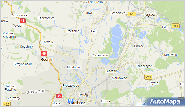 mapa Orzeszków gmina Nędza, Orzeszków gmina Nędza na mapie Targeo