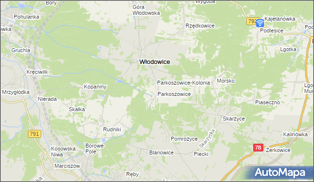 mapa Parkoszowice gmina Włodowice, Parkoszowice gmina Włodowice na mapie Targeo