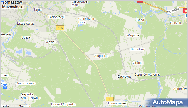 mapa Sługocice gmina Tomaszów Mazowiecki, Sługocice gmina Tomaszów Mazowiecki na mapie Targeo