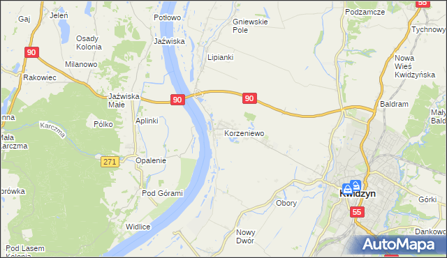 mapa Korzeniewo gmina Kwidzyn, Korzeniewo gmina Kwidzyn na mapie Targeo