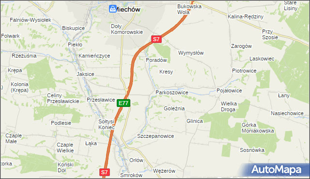 mapa Parkoszowice gmina Miechów, Parkoszowice gmina Miechów na mapie Targeo