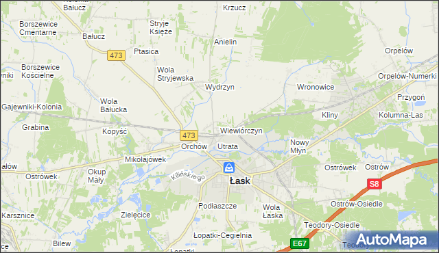 mapa Wiewiórczyn gmina Łask, Wiewiórczyn gmina Łask na mapie Targeo