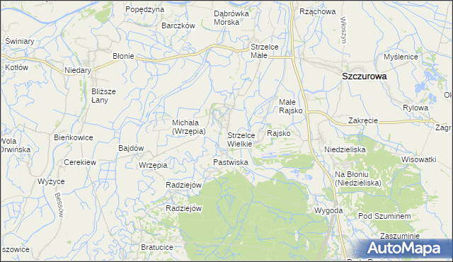mapa Strzelce Wielkie gmina Szczurowa, Strzelce Wielkie gmina Szczurowa na mapie Targeo