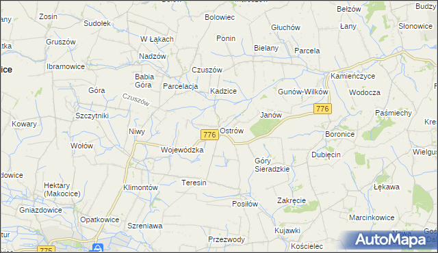 mapa Ostrów gmina Proszowice, Ostrów gmina Proszowice na mapie Targeo