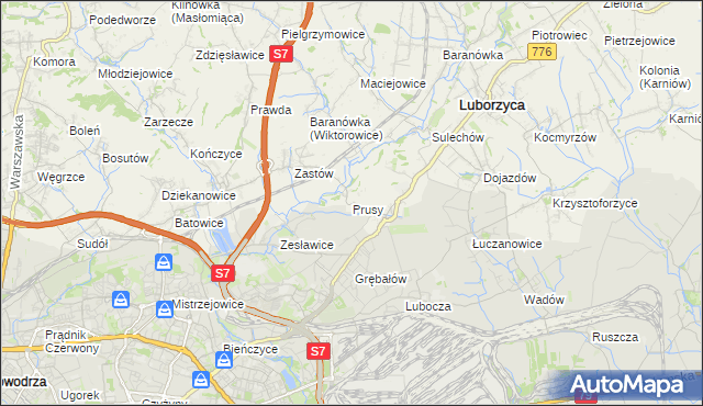 mapa Prusy gmina Kocmyrzów-Luborzyca, Prusy gmina Kocmyrzów-Luborzyca na mapie Targeo