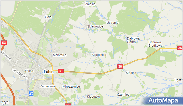 mapa Księginice gmina Lubin, Księginice gmina Lubin na mapie Targeo