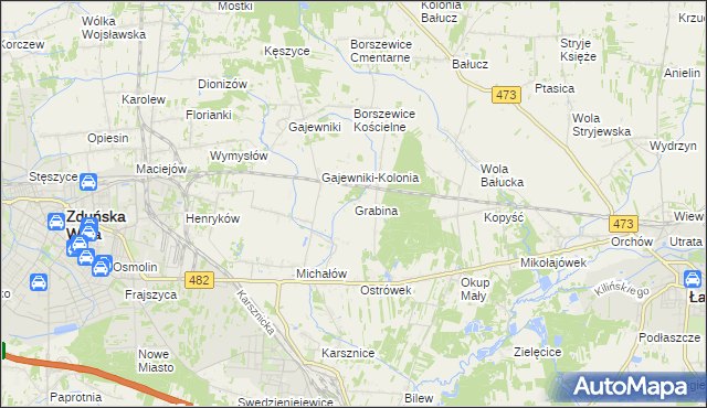 mapa Grabina gmina Łask, Grabina gmina Łask na mapie Targeo