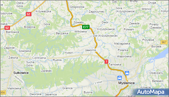 mapa Jawornik gmina Myślenice, Jawornik gmina Myślenice na mapie Targeo