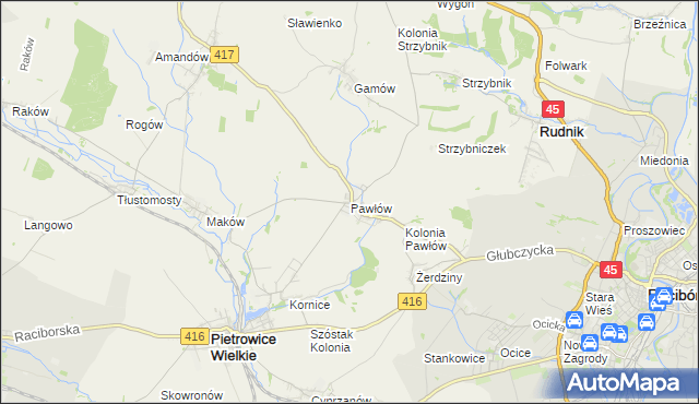 mapa Pawłów gmina Pietrowice Wielkie, Pawłów gmina Pietrowice Wielkie na mapie Targeo