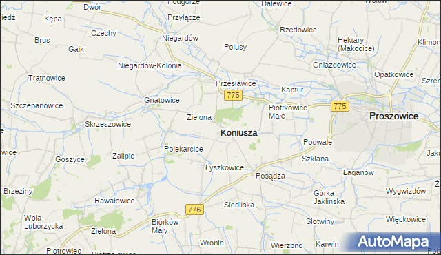 mapa Koniusza powiat proszowicki, Koniusza powiat proszowicki na mapie Targeo