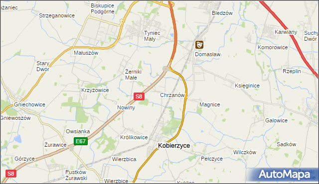 mapa Chrzanów gmina Kobierzyce, Chrzanów gmina Kobierzyce na mapie Targeo