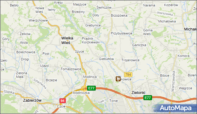 mapa Giebułtów gmina Wielka Wieś, Giebułtów gmina Wielka Wieś na mapie Targeo