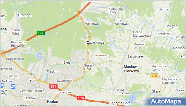 mapa Dąbrowa gmina Masłów, Dąbrowa gmina Masłów na mapie Targeo